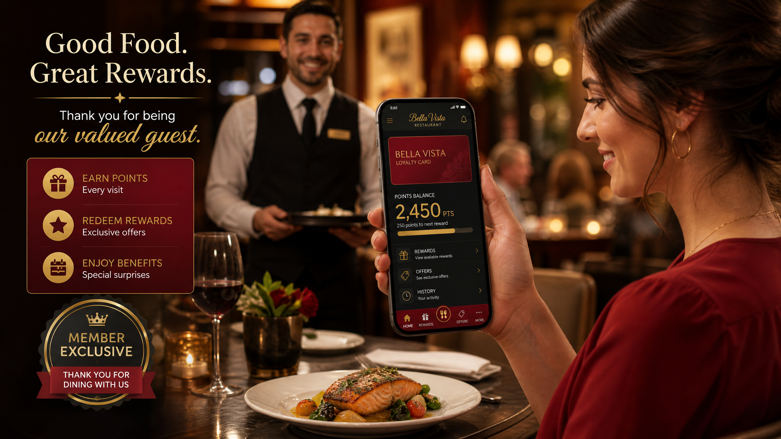 A restaurant table with a phone showing a loyalty reward