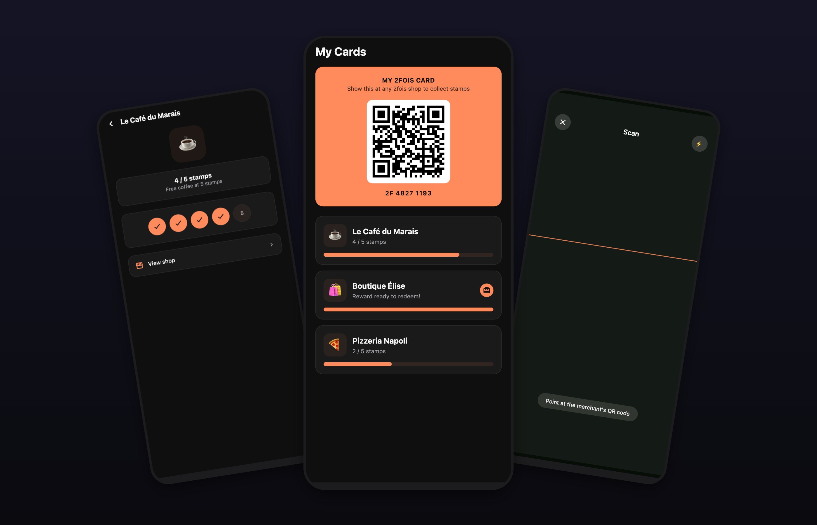 The 2 fois app home, card and scan screens