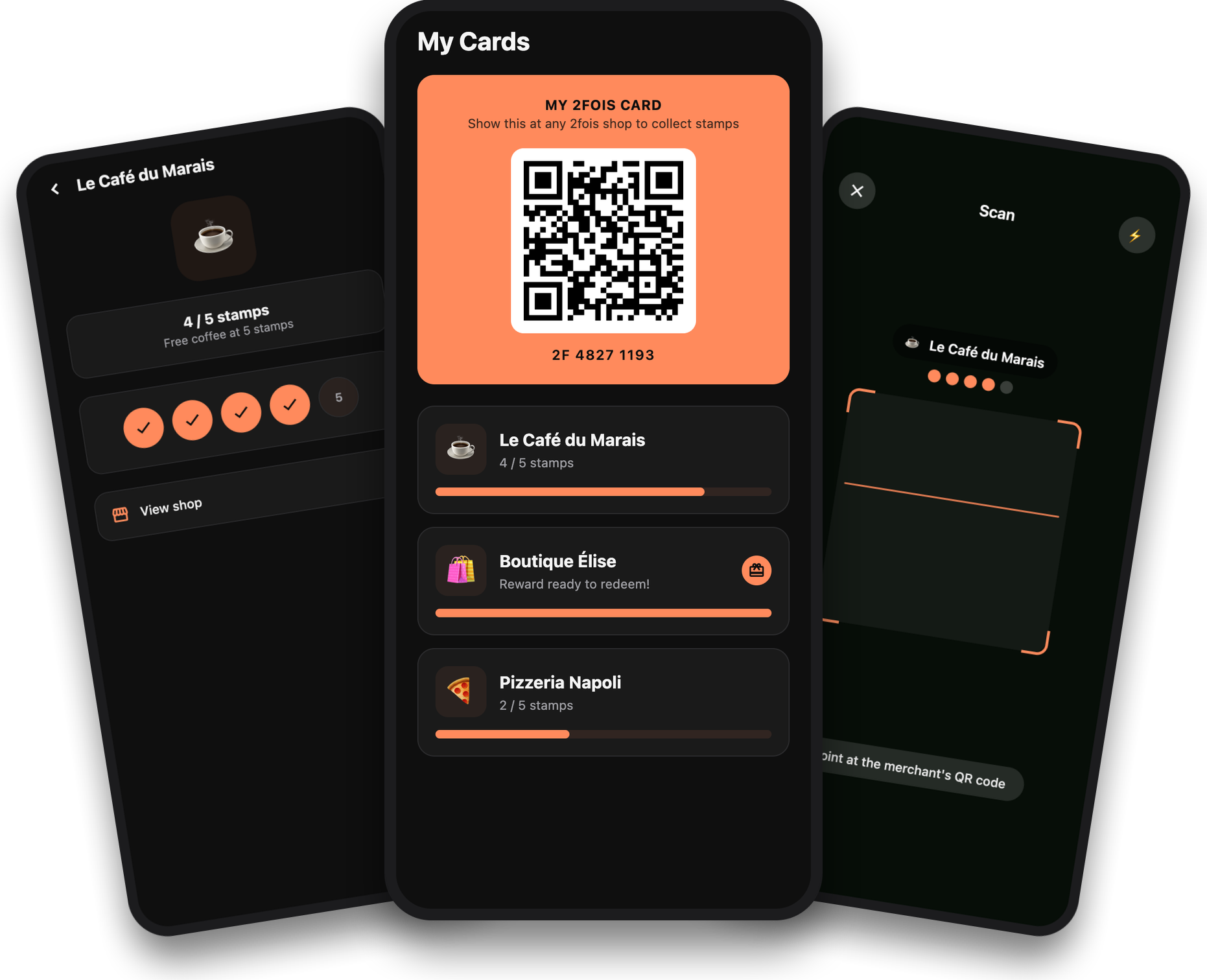The 2fois app showing loyalty cards, stamps and rewards for local merchants