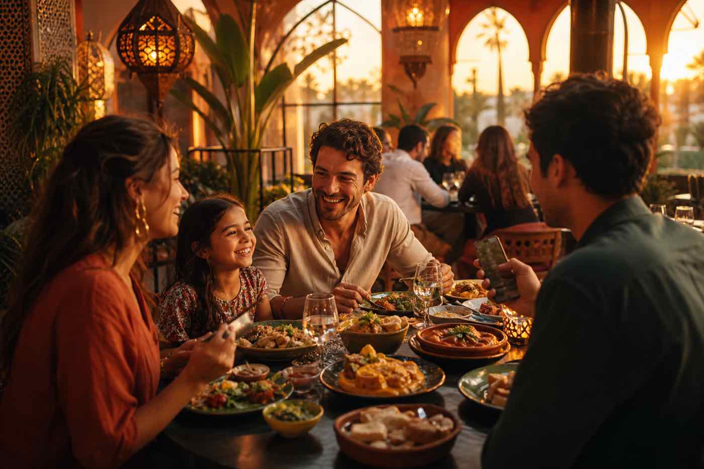 Family enjoying a meal at a local restaurant