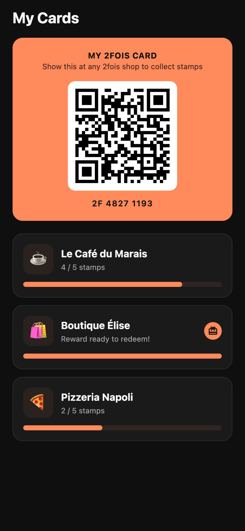 2 fois app home screen showing loyalty cards and stamp progress for local merchants