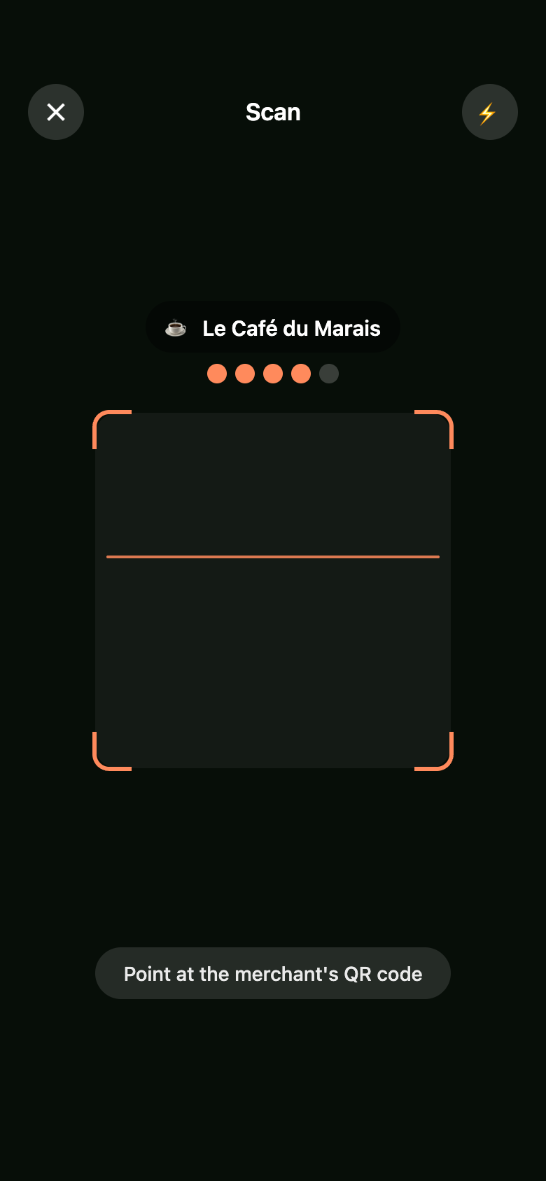 2 fois QR scanner screen pointing at a merchant code
