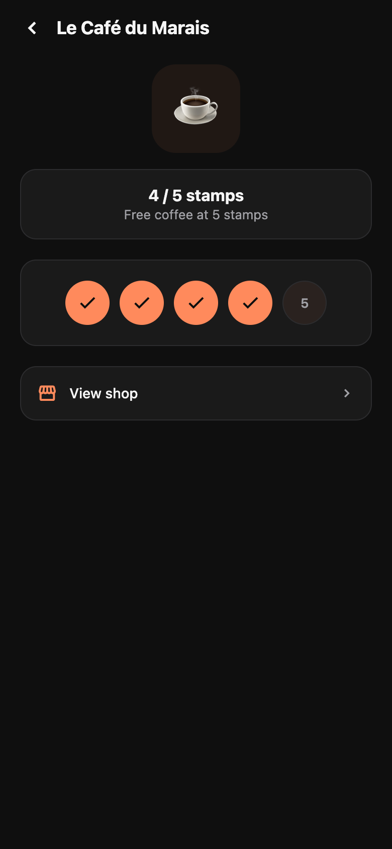 2 fois wallet screen with loyalty cards, stamps and a reward ready to redeem